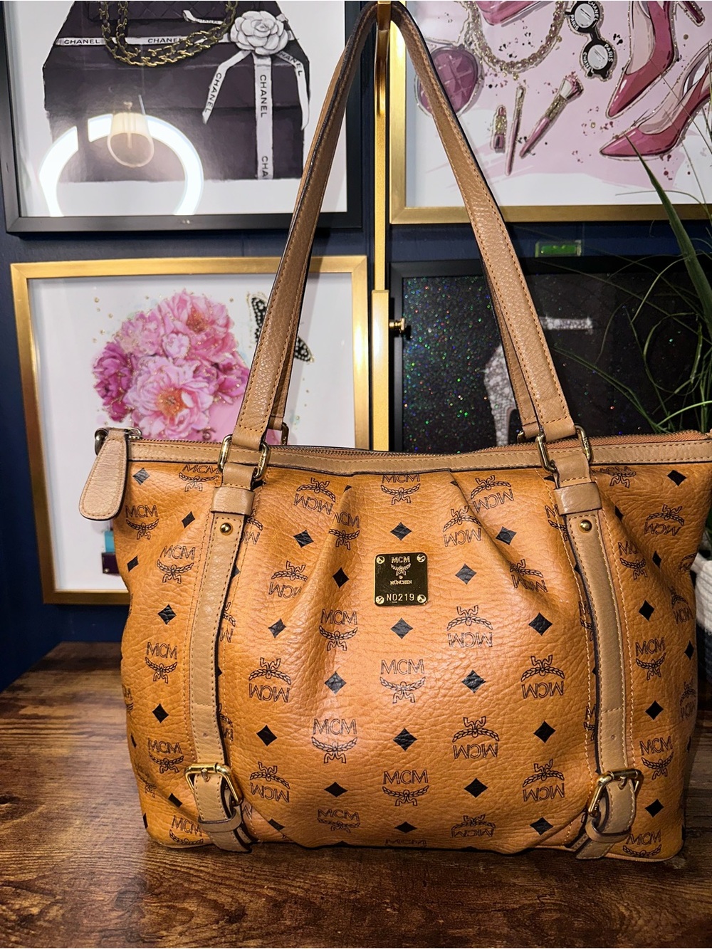 MCM Cognac Logo Visetos Coated Canvas Tote